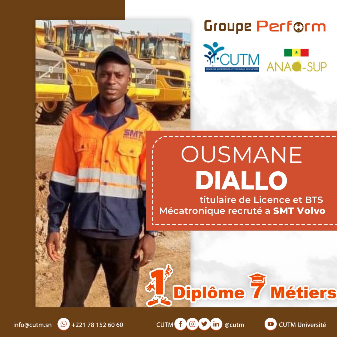 OUSMANE DIALLO titulaire de LICENCE et BTS mécatronique, recruté à SMT Volvo